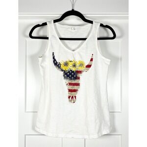 American Flag Cow Skull Sunflower Tank Cowgirl Western Boho Patriotic Women's XS